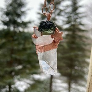 Moldavite Moonstone Leumurian Crystal Pendant